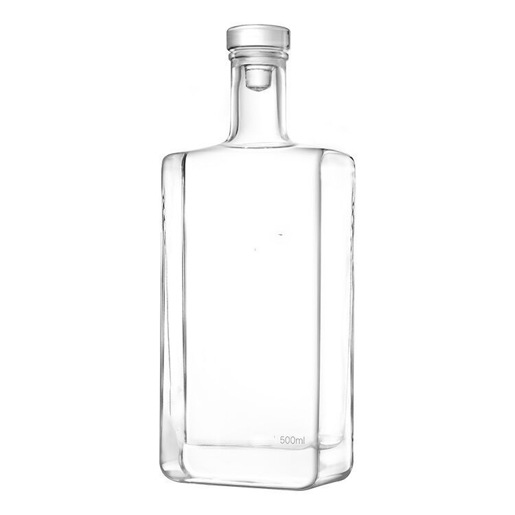 Custom empty square 500ml white whiskey wine glass bottles with cork